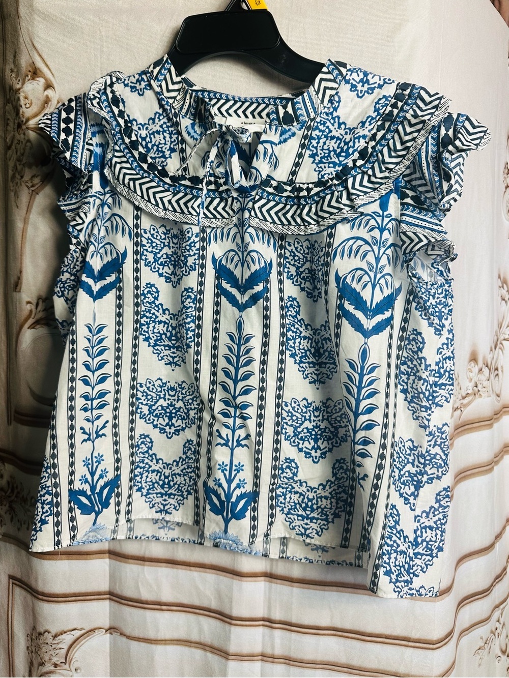 Girls Blue Floral Ruffle Top - Picture 2 of 9